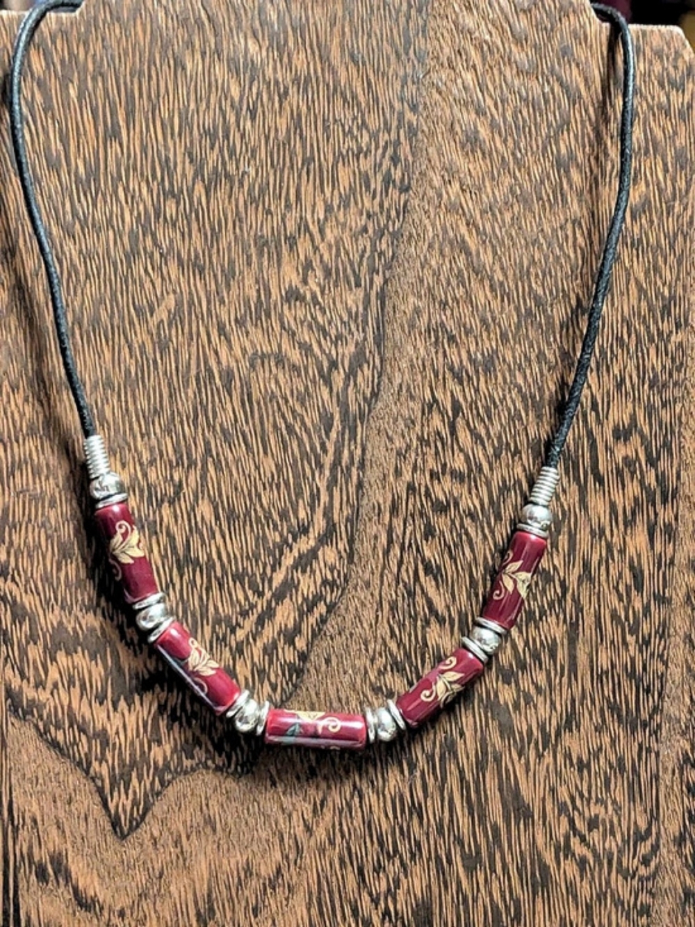 Vintage Boho Burgundy Floral Ceramic Tube Bead Necklace Black Cord